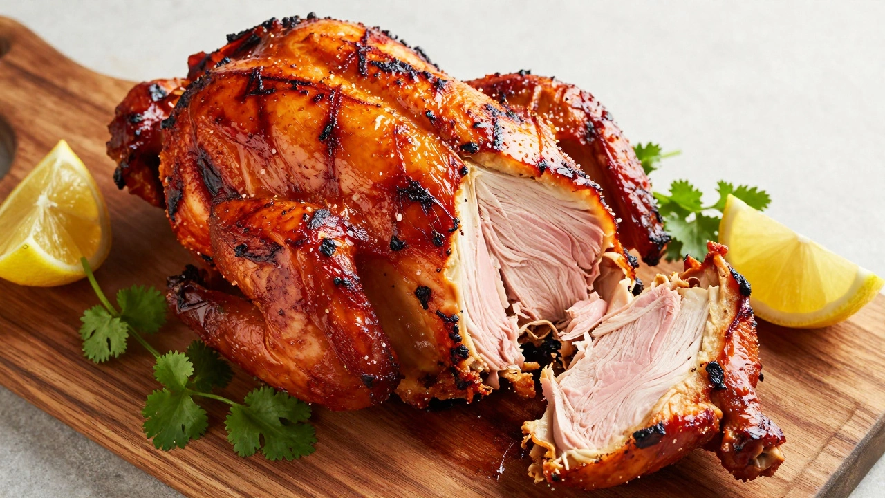 Juicy cooked tandoori chicken sliced open to show tender meat