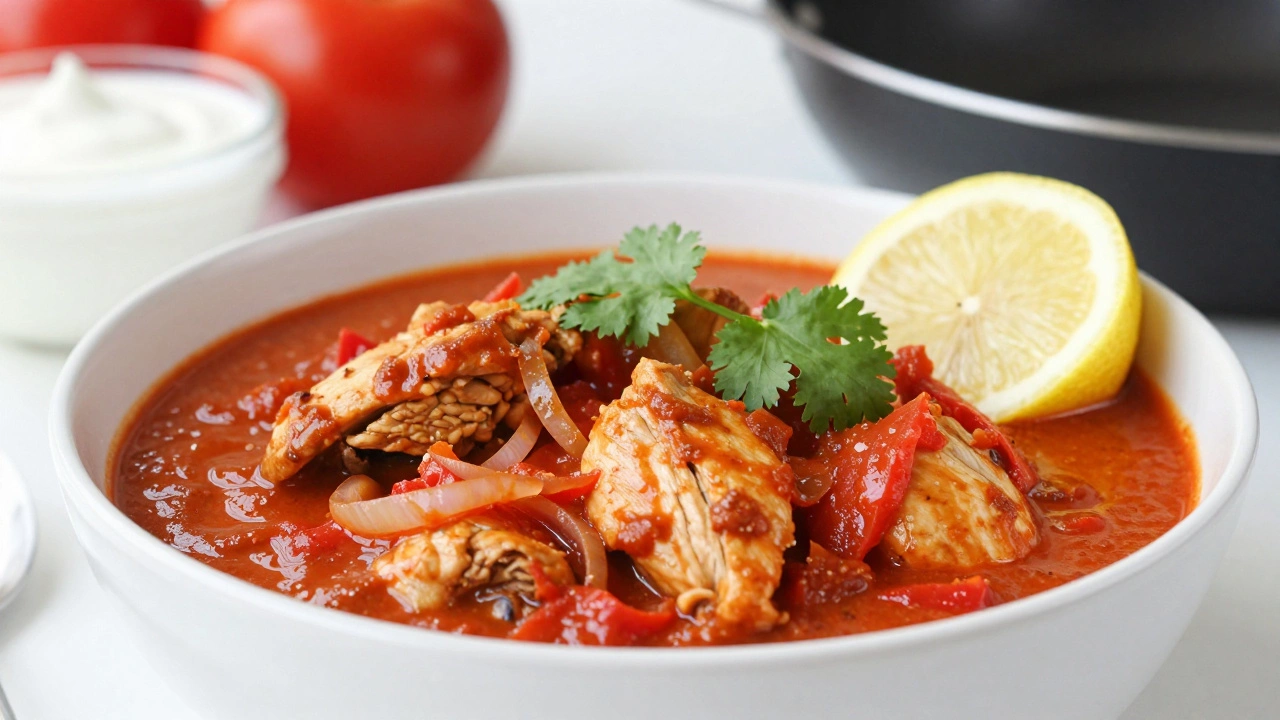 Lean tomato-based chicken curry garnished with cilantro