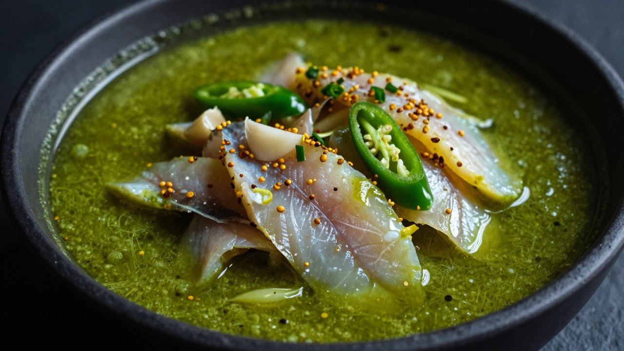Raw Singara Elish fish curry with green mustard marinade