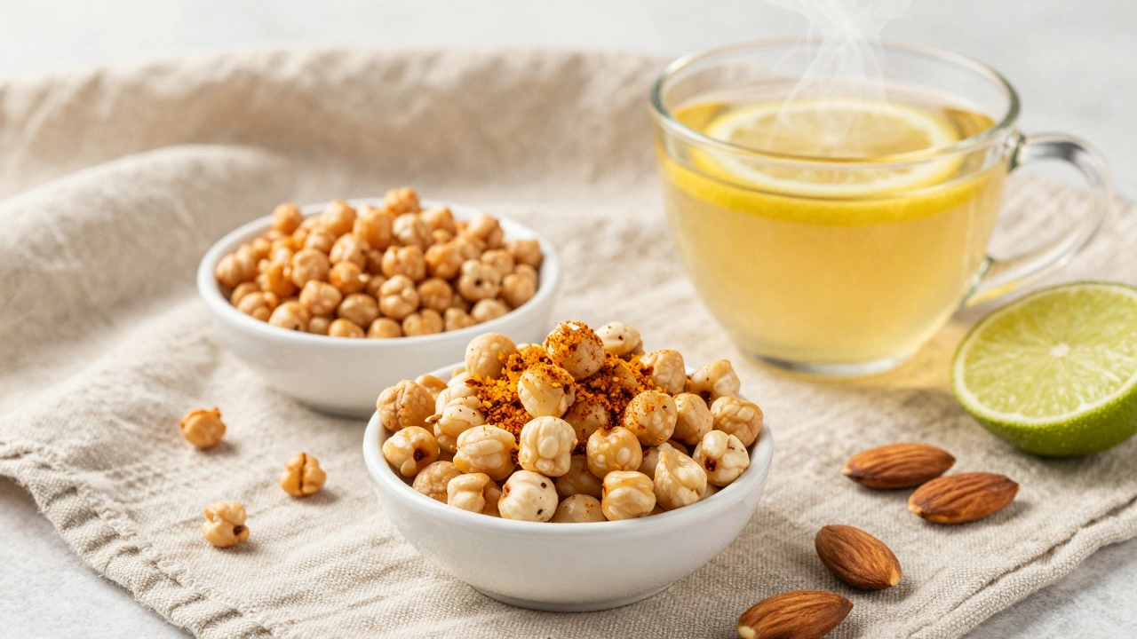 Roasted makhana, chickpeas, and ginger tea