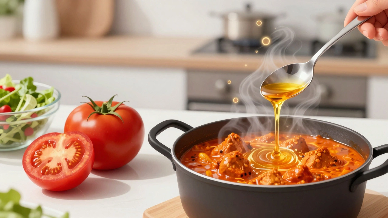 Simmering Indian curry pot releasing steam next to raw tomato