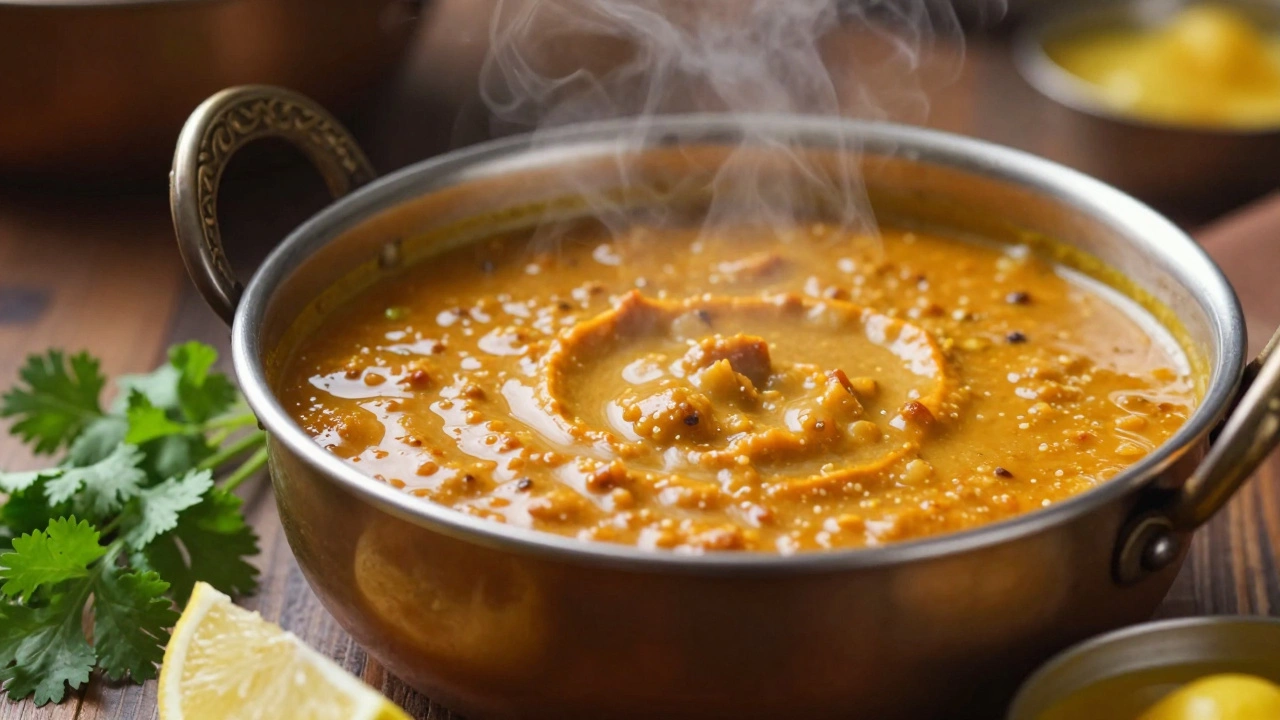 Simmering pot of creamy dal tadka with steam