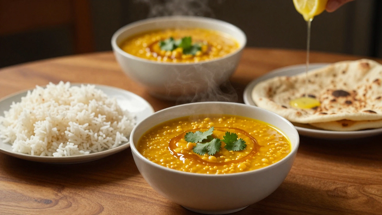 Two bowls of creamy dal with rice and roti on a dining table