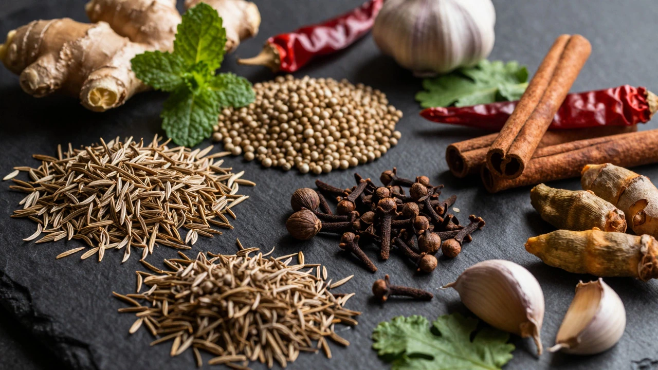 Assortment of whole Indian spices, fresh herbs, and aromatics on slate
