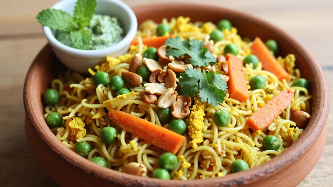 Bowl of savory masala oats upma with vegetables and peanuts