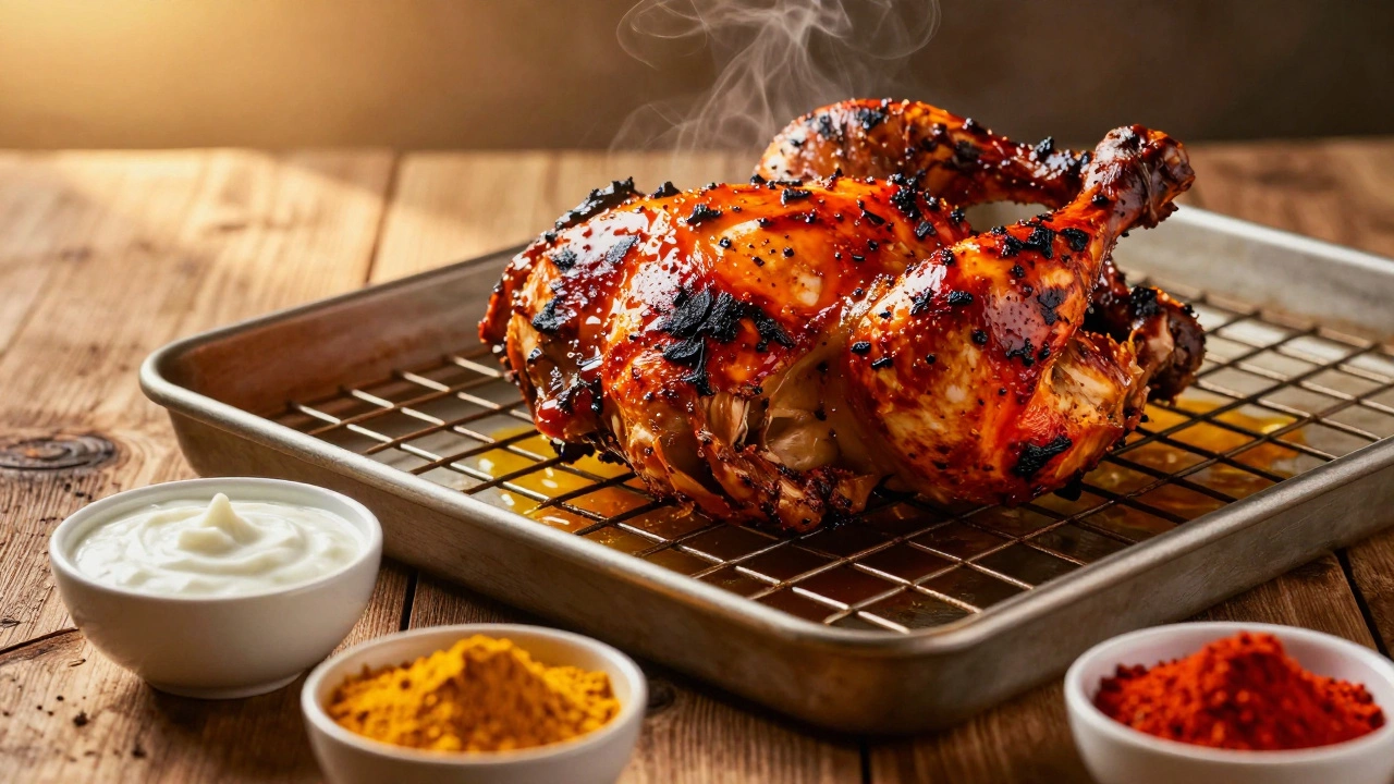 Cooked Tandoori chicken on rack with spice ingredients nearby