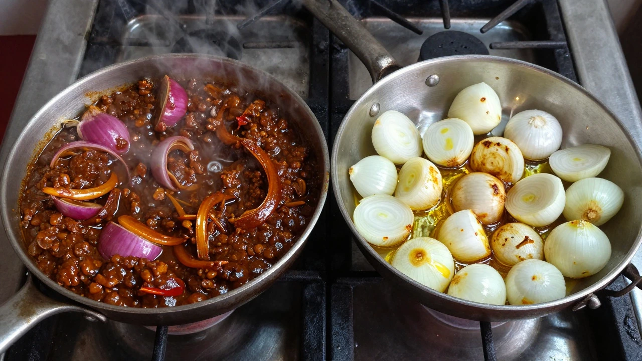 Cooking red and white onions in separate pans