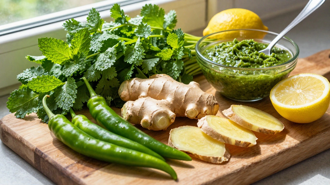 Fresh cilantro, mint, chilies, and lemon for homemade chutney
