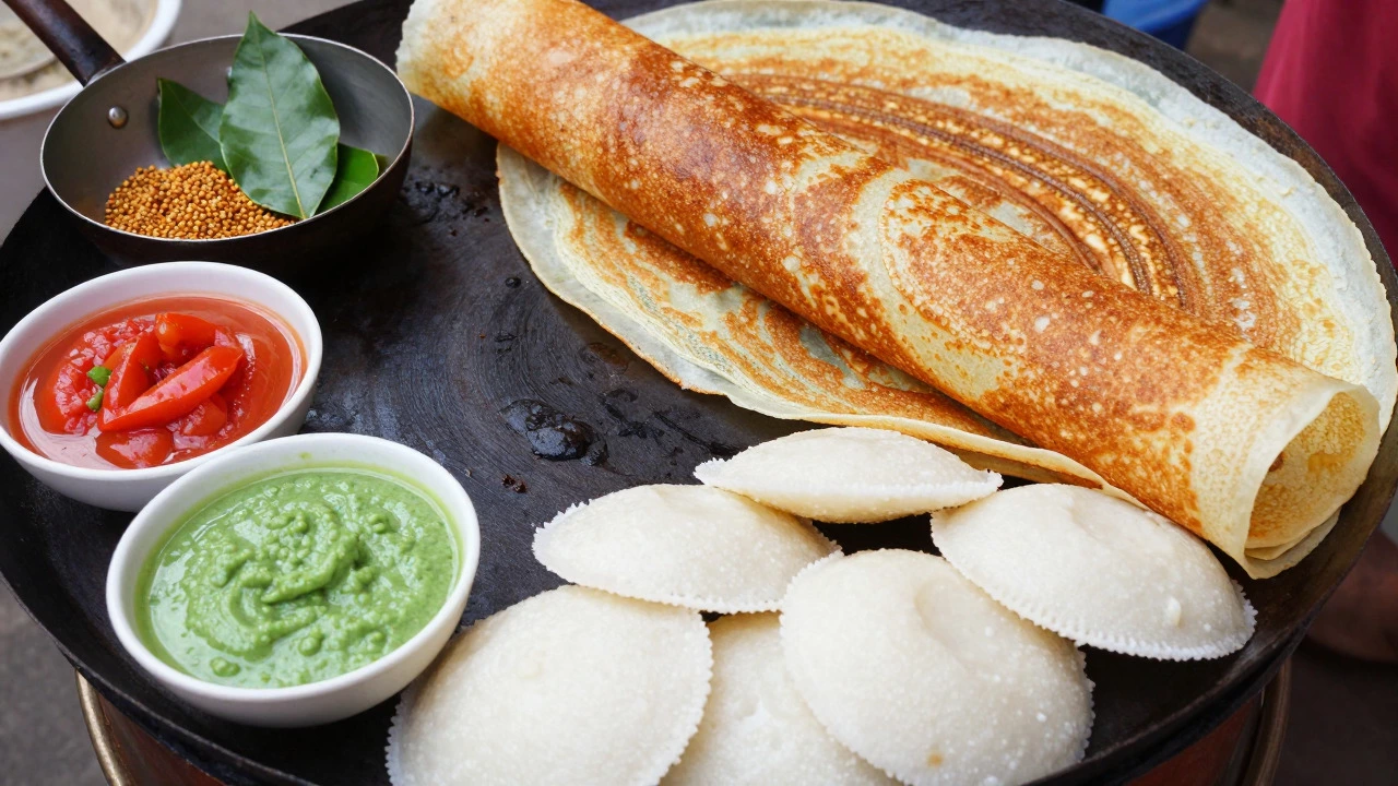 Golden crispy Dosas and white Idlis served with green and red chutneys