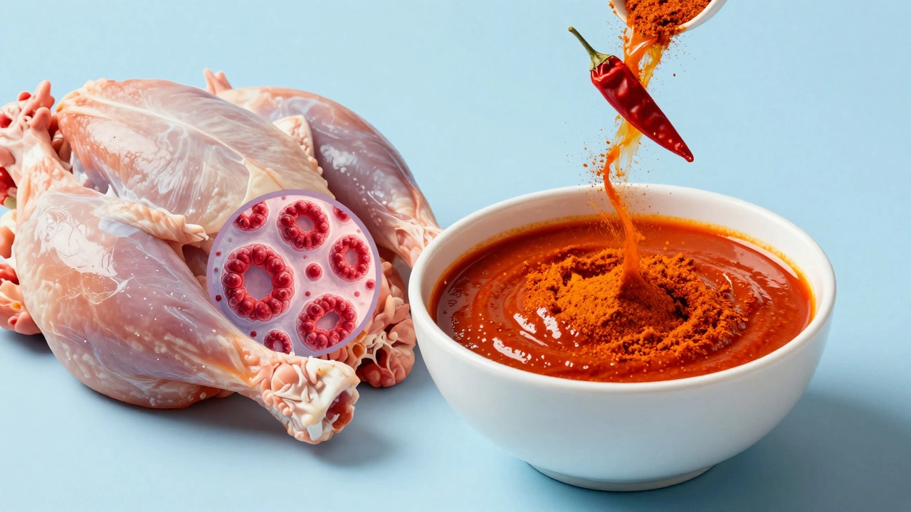 Illustration comparing myoglobin in meat to red spice marinade