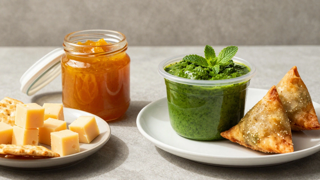 Jarred mango chutney with cheese vs fresh green chutney with samosas
