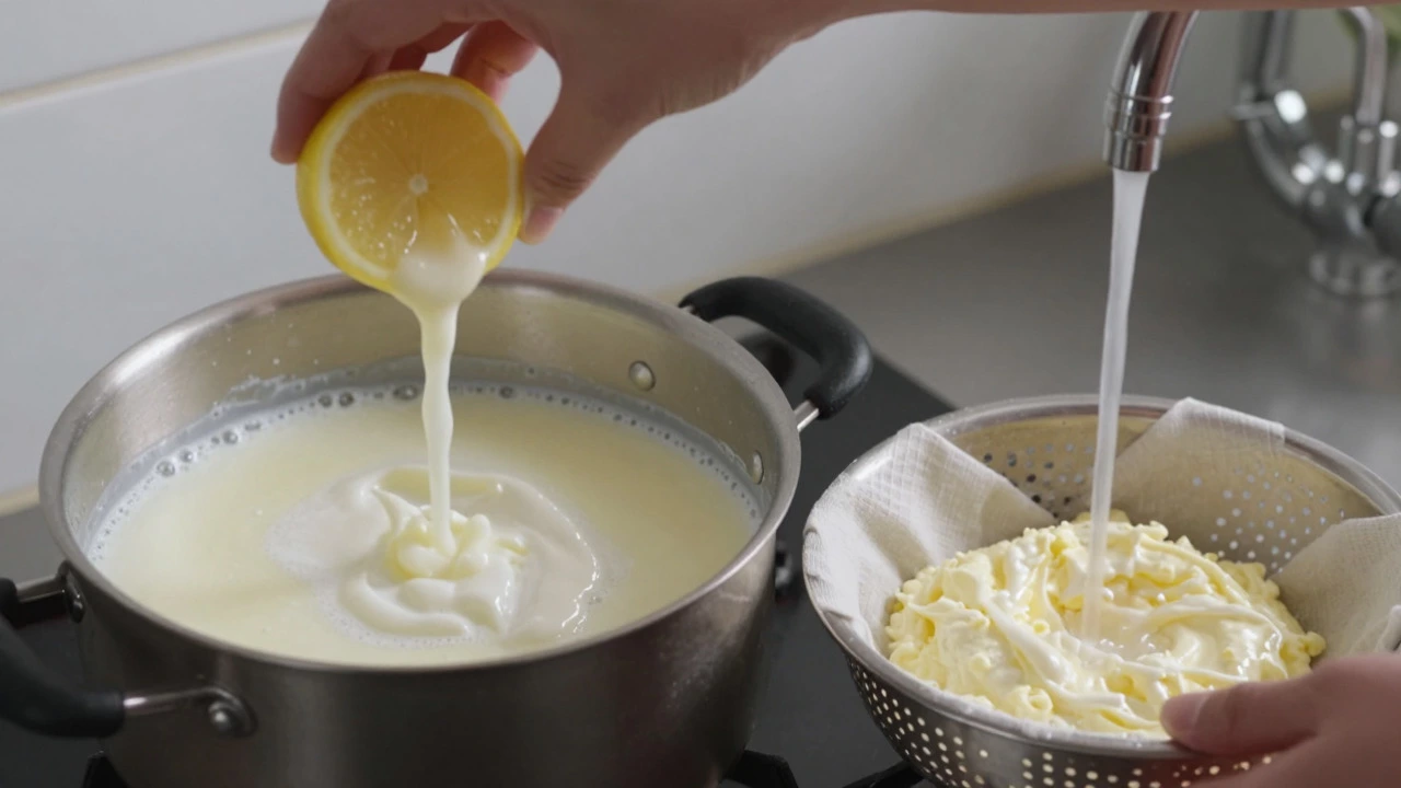Making paneer: milk curdling with lemon juice and straining