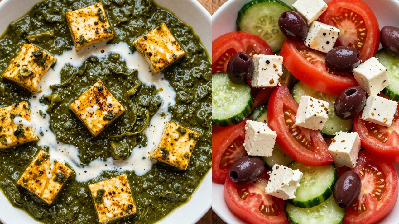 Palak paneer curry next to a Greek salad with feta