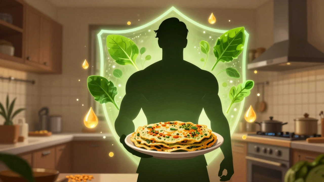 Person holding spinach cheela surrounded by nutrient symbols