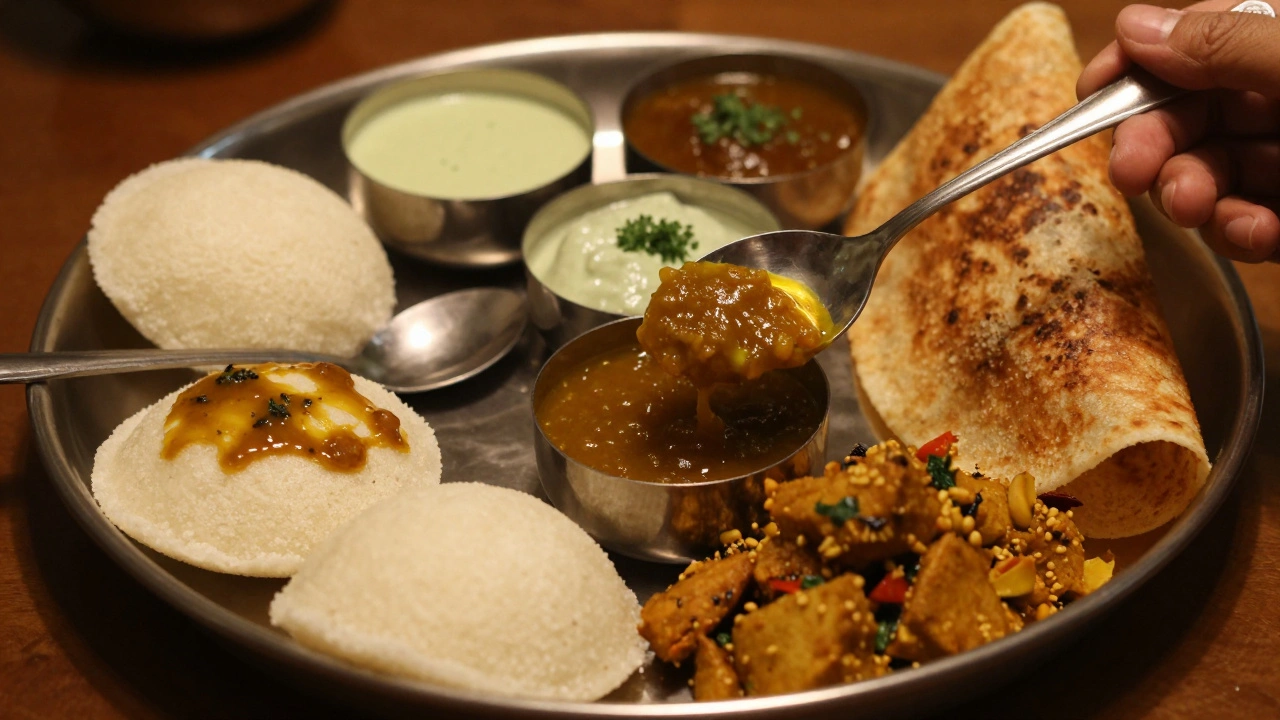 Traditional Indian thali with idli, dosa, and assorted chutneys