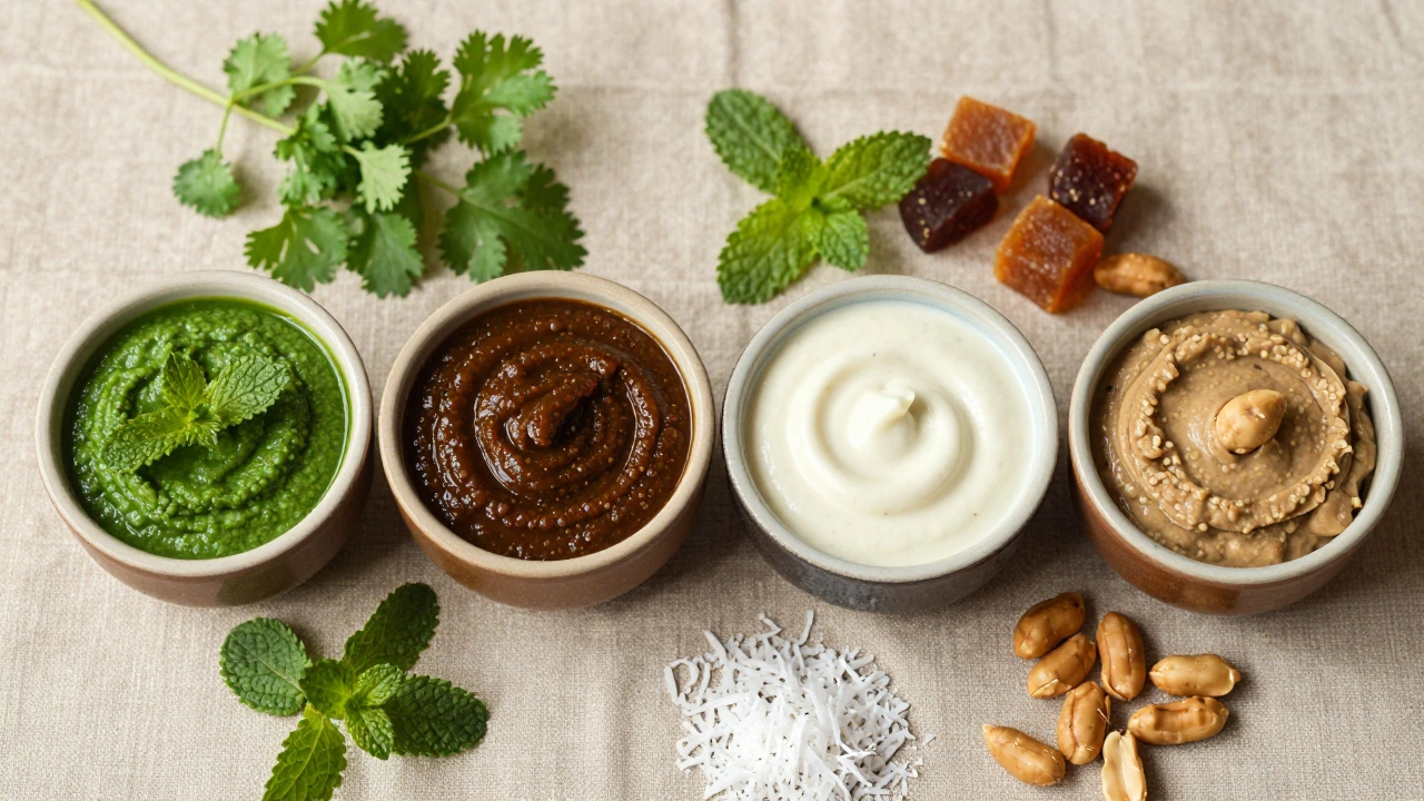 Variety of colorful Indian chutneys in bowls with fresh ingredients