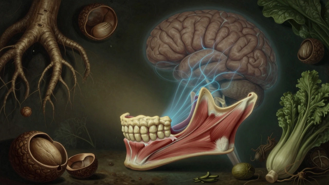 Conceptual illustration of jaw muscles and neural pathways related to chewing