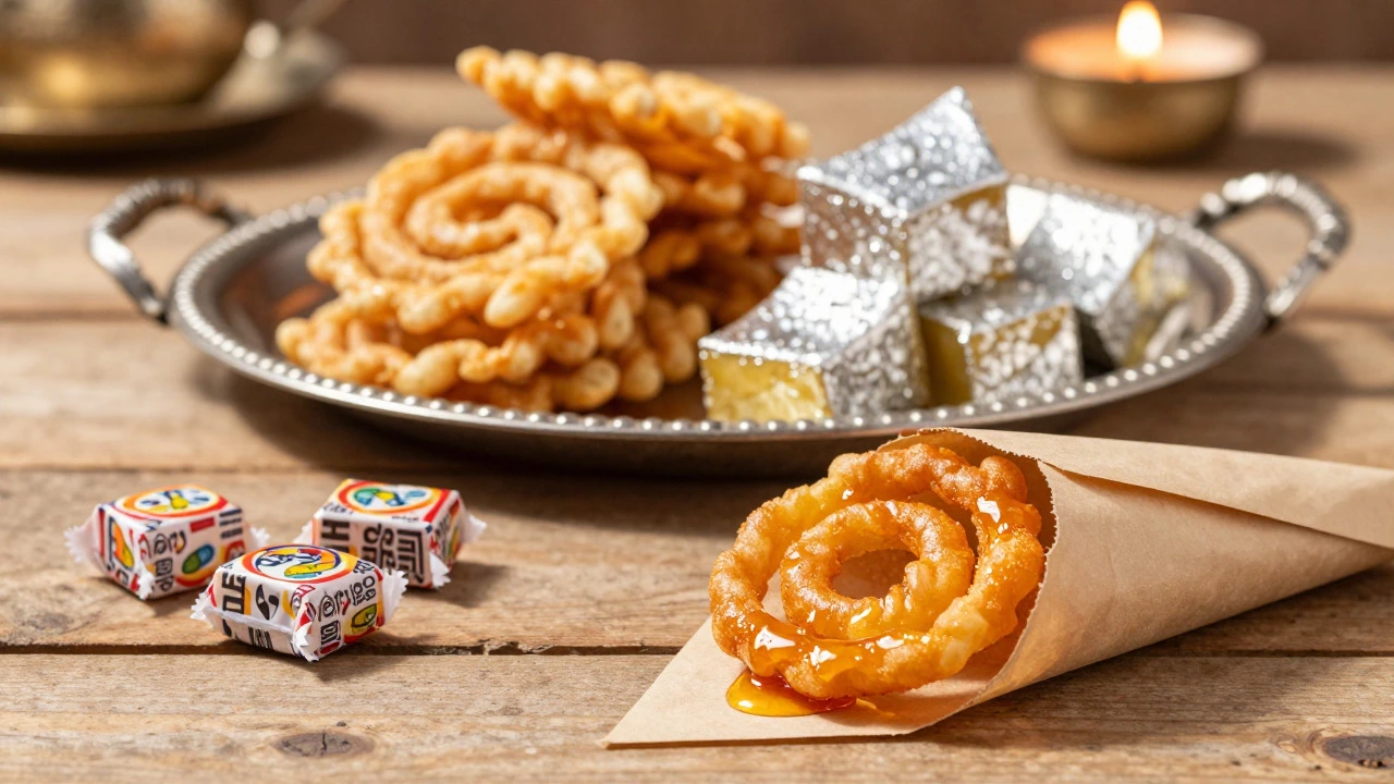 Contrast between simple Jalebi in front and fancy Kaju Katli in the background.