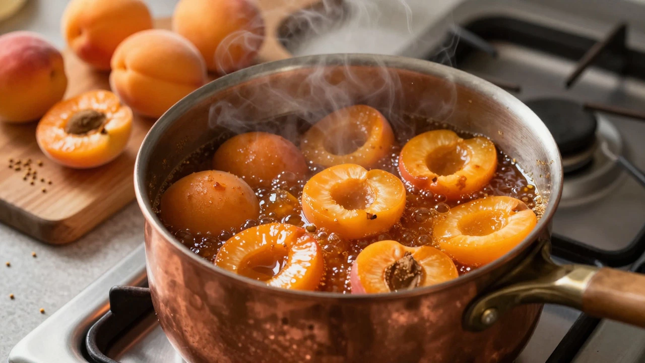 Copper pot simmering apricot chutney on a stove with fresh ingredients nearby