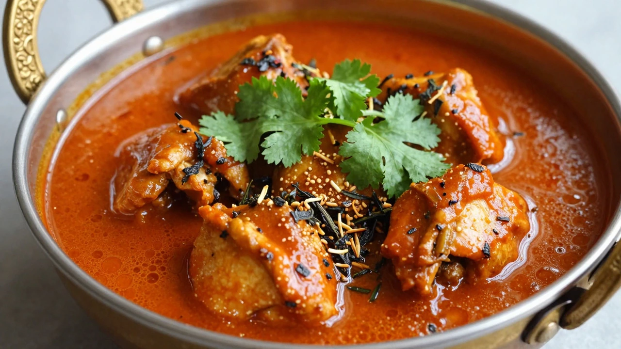 Finished rich chicken curry garnished with fresh herbs in a bowl