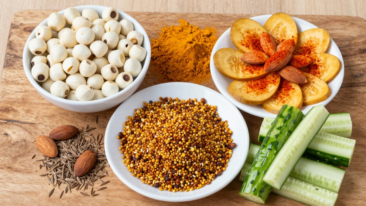 Flat lay of healthy Indian snacks including makhana, chivda, almonds, and cucumbers
