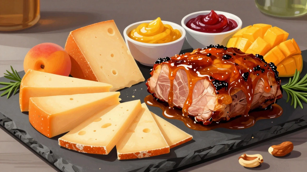Gourmet platter with roast pork, cheese, and various fruit chutneys
