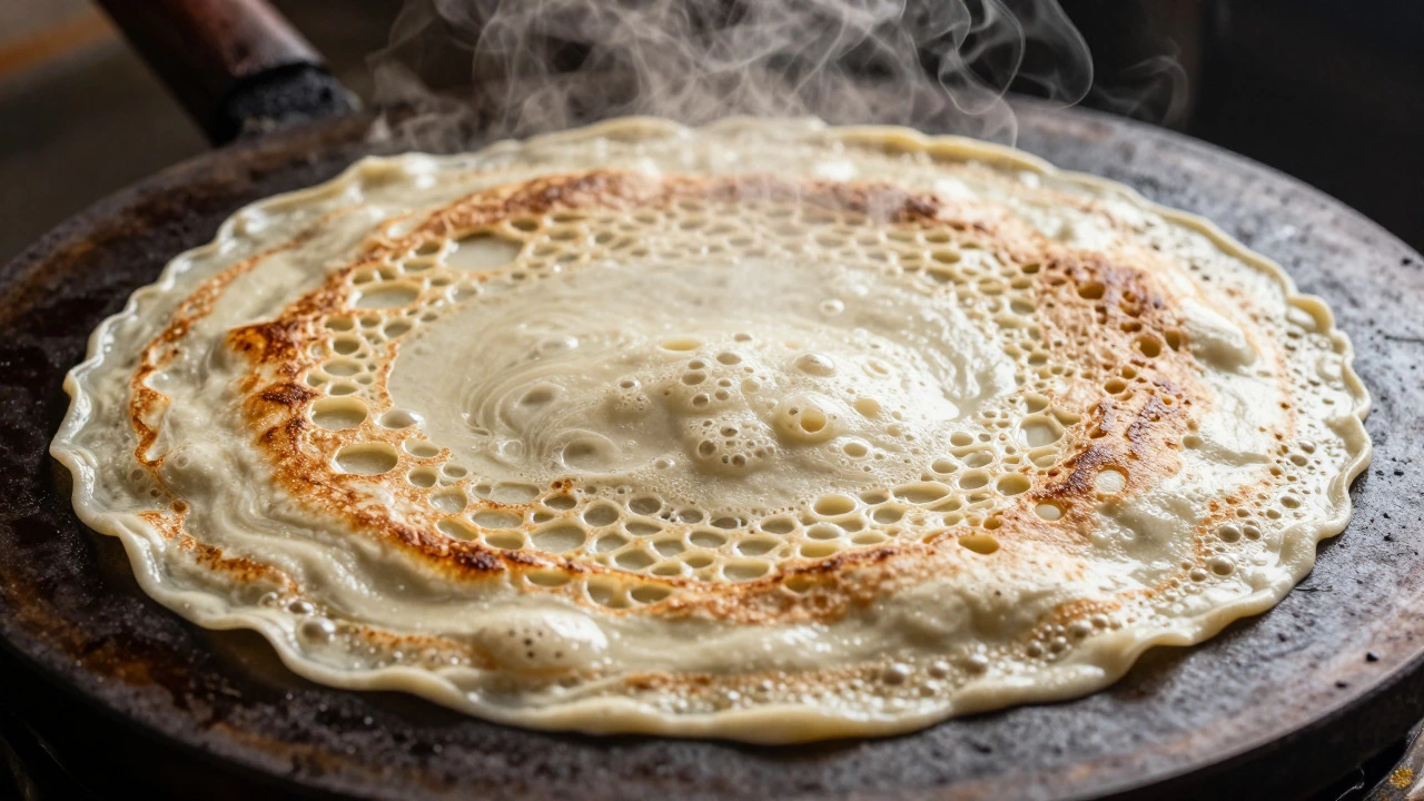 Macro shot of dosa batter spreading on a hot cast-iron tawa with rising steam