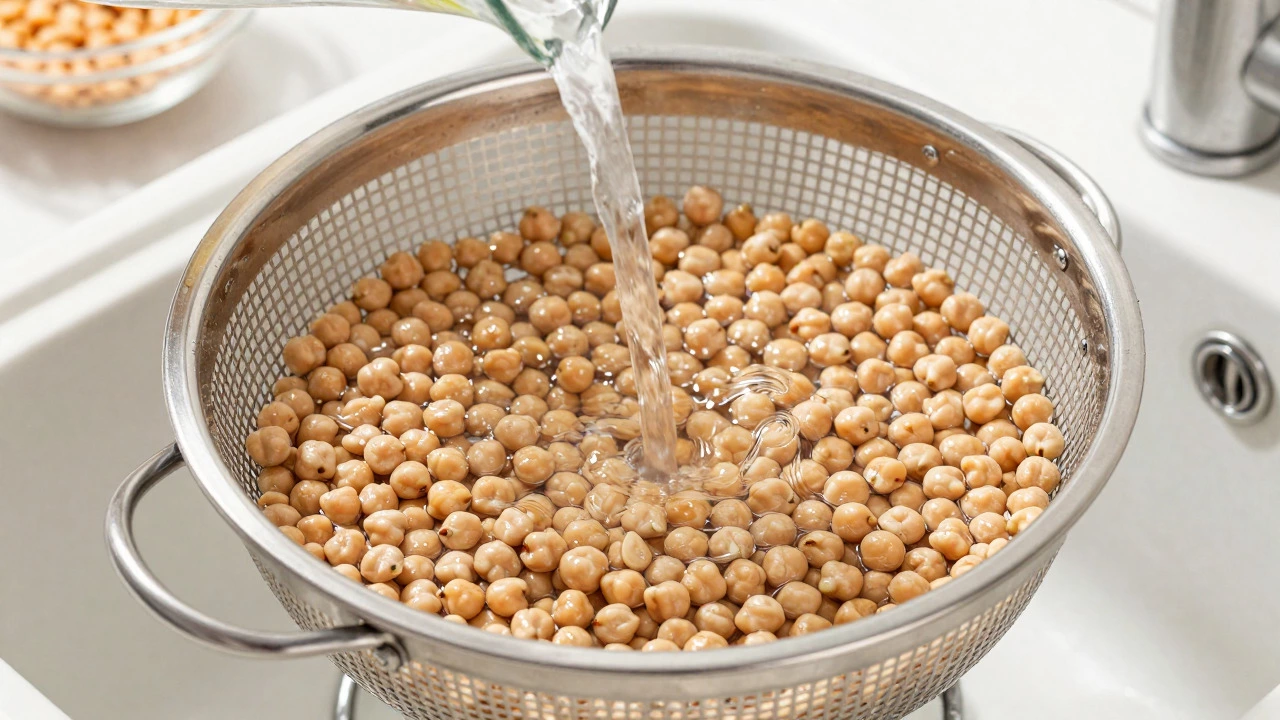 Rinsing chana dal in a colander with clear water in a kitchen sink