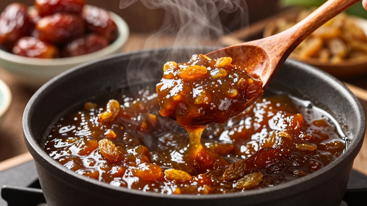 Simmering thick tamarind and date chutney in pot