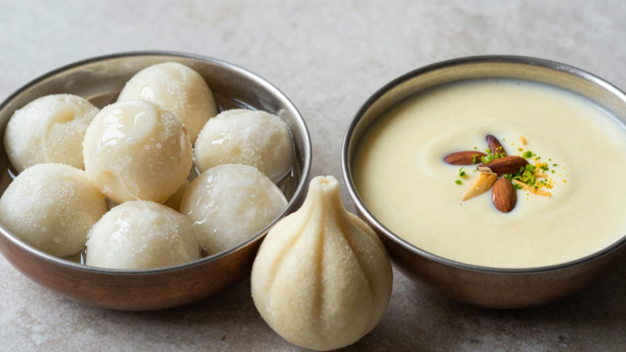 Split view showing Rasgulla, Payasam, and Modak representing different Indian regions.