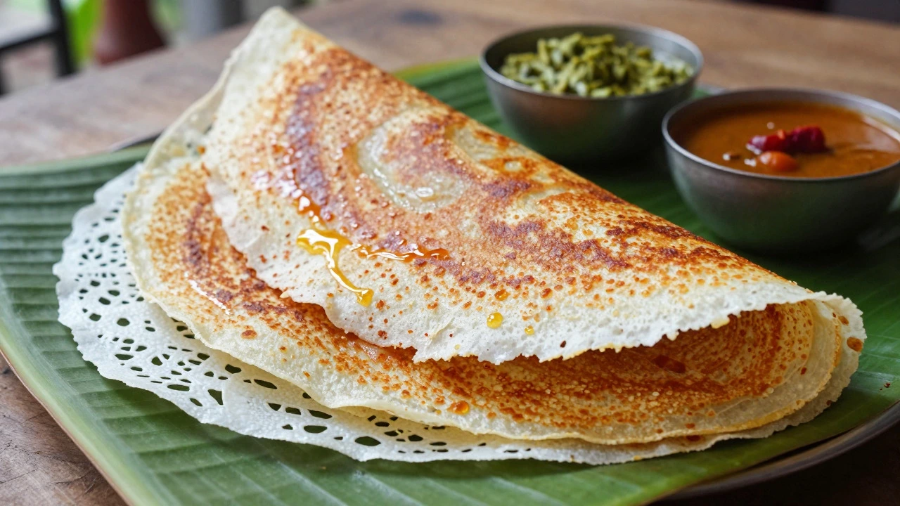 Stack of golden crispy dosas served on a banana leaf with chutney and sambar