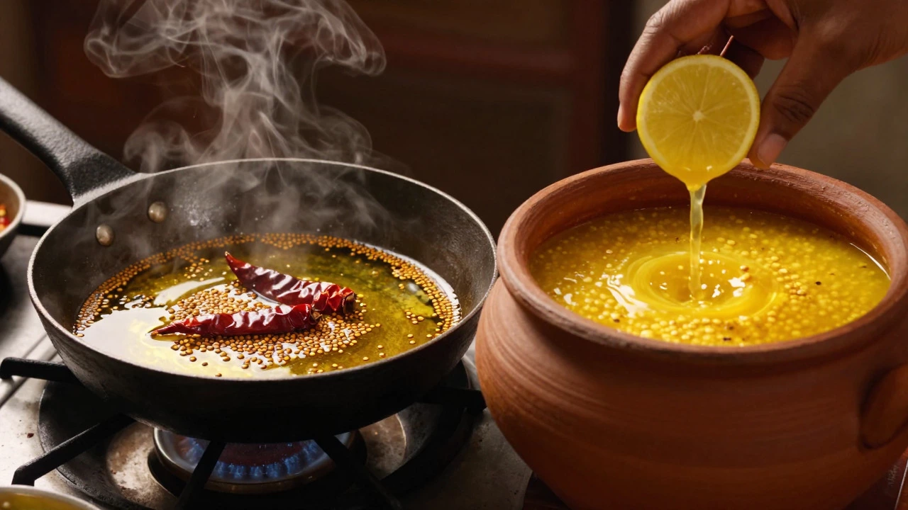 Tempering spices in ghee and adding lemon juice to simmering dal