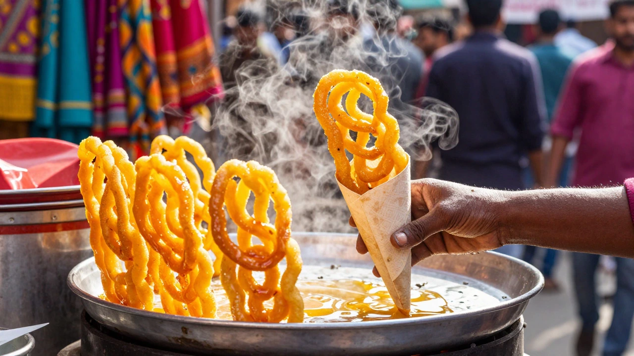 Vendor serving hot crispy Jalebi at a busy street stall