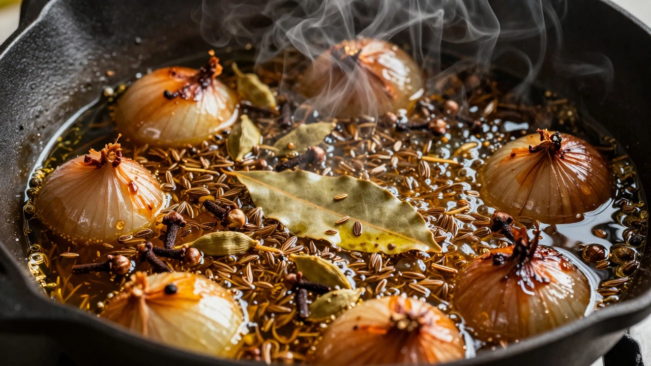 Whole spices sizzling and blooming in hot oil with onions