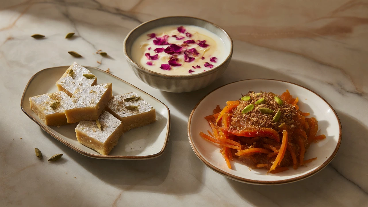 Assorted Indian sweets like Kaju Katli and Rabri garnished with specific spices
