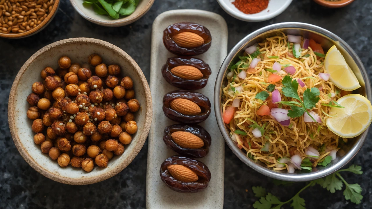 Flat lay of roasted chickpeas, stuffed dates, and fresh bhel puri mix