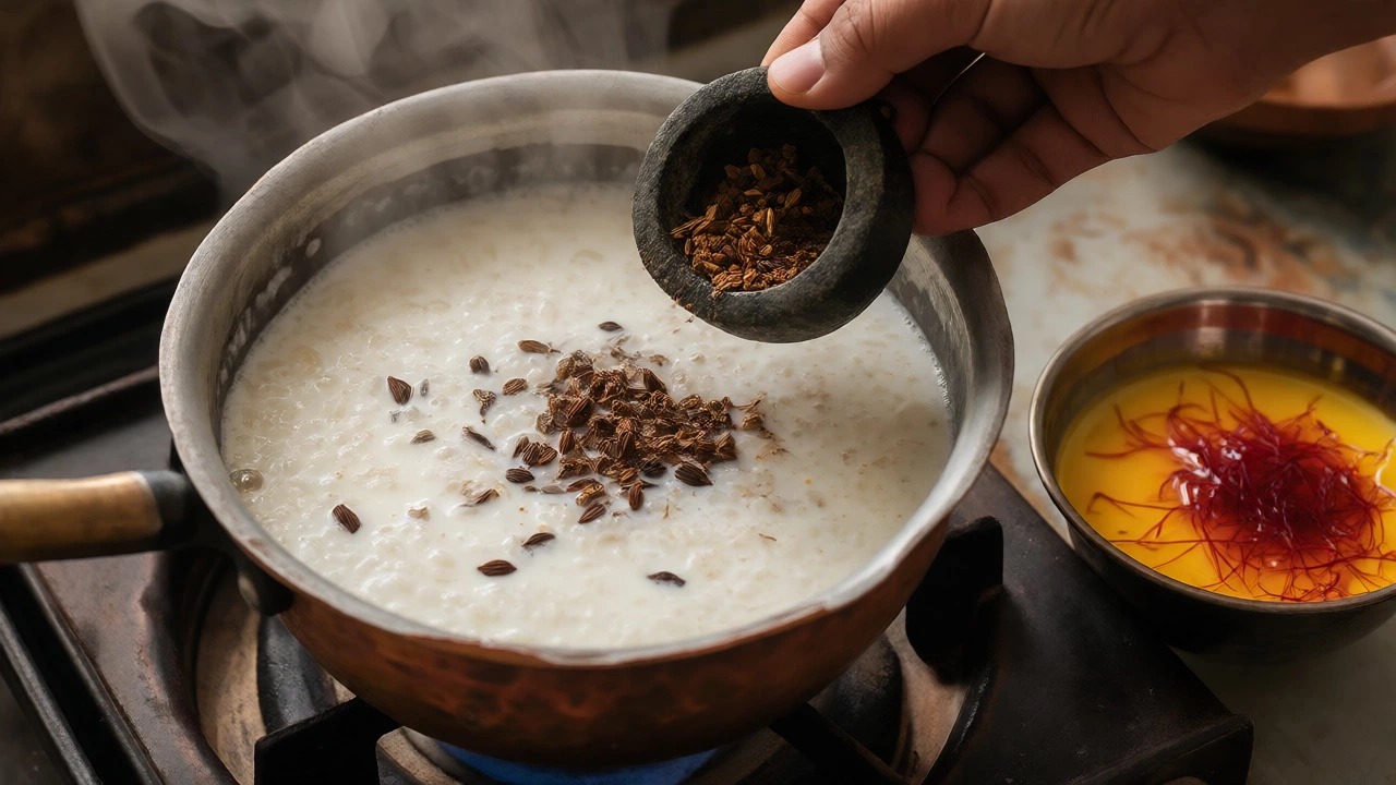 Hand adding crushed cardamom to simmering kheer with bloomed saffron nearby