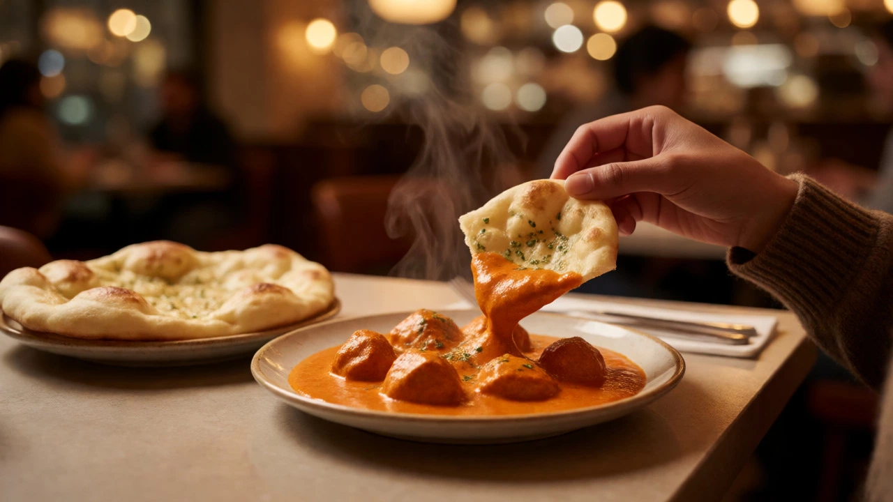 Hand dipping garlic naan into rich, creamy butter chicken gravy on a warm, inviting dining table.