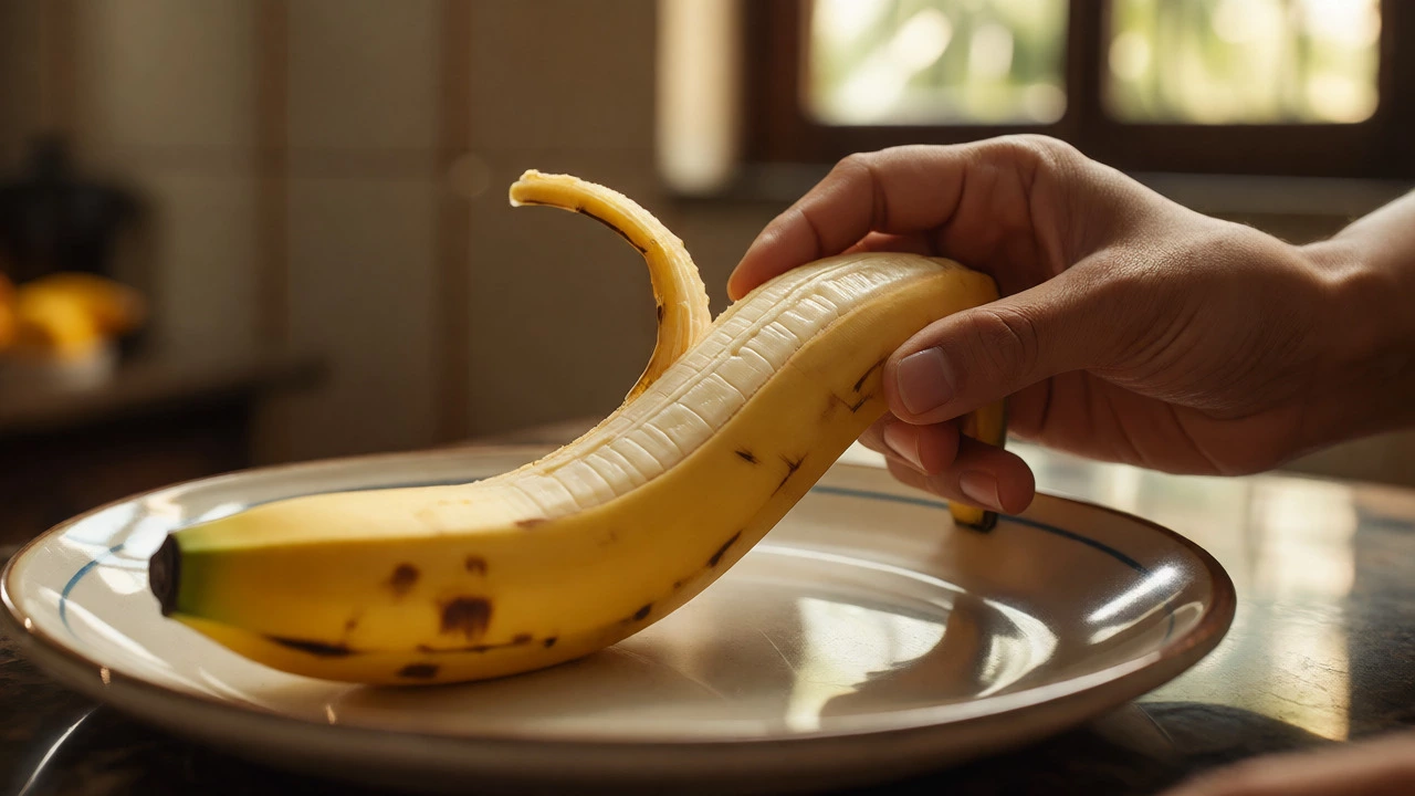 Hands peeling a banana to show the safe inner flesh.