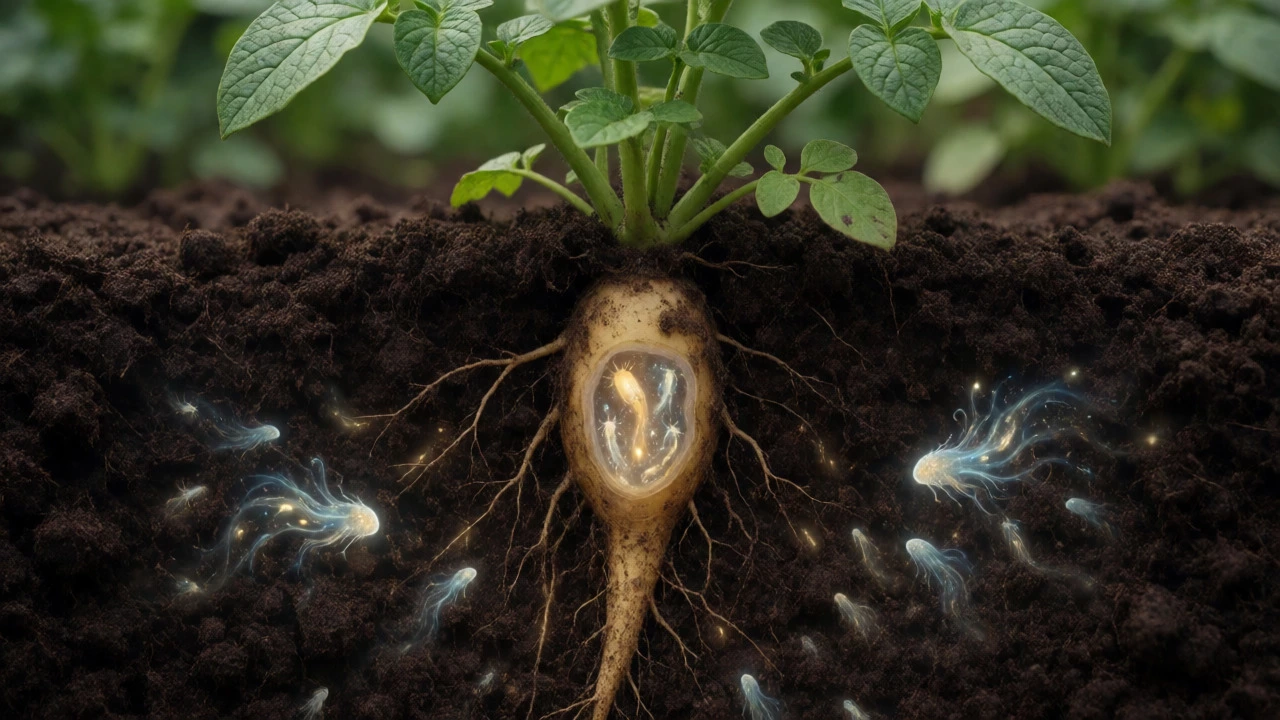 Macro view of microscopic life glowing within soil around a potato root.