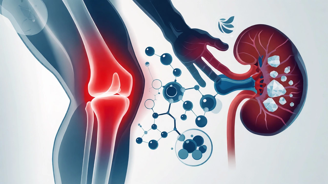 Medical illustration of gout joints and kidney stones linked to lentil compounds