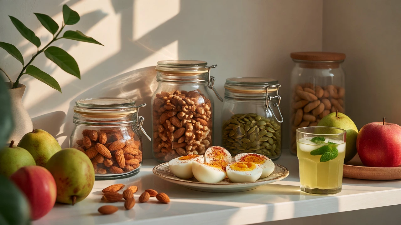 Organized pantry shelf with nuts, boiled eggs, fruits, and nimbu pani