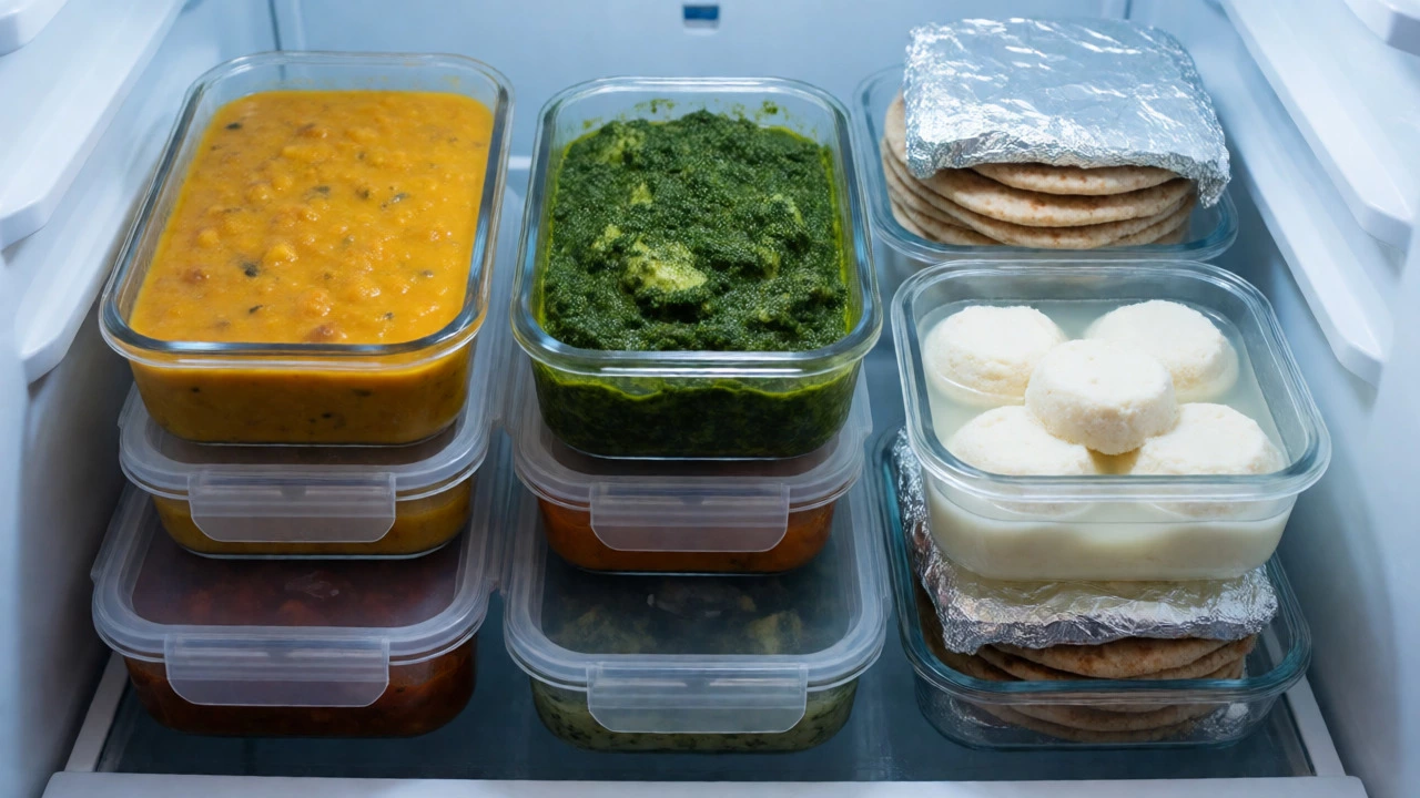 Refrigerator stocked with Indian leftovers in glass jars
