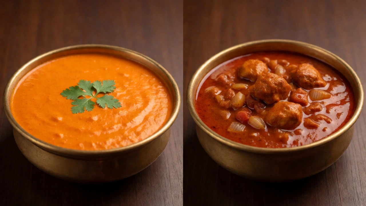 Side-by-side comparison of creamy orange butter chicken and darker red chicken tikka masala in brass bowls.