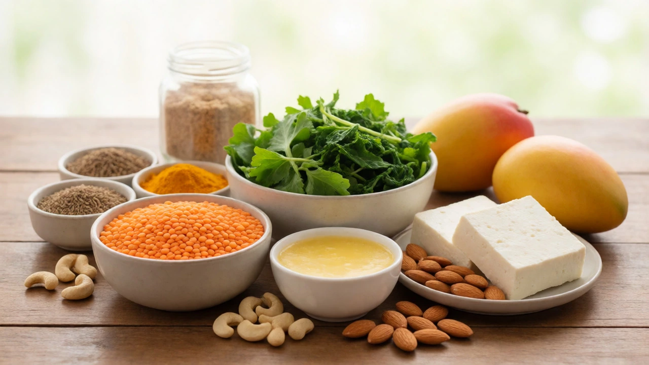 Spread of Jain-friendly foods including lentils, fruits, nuts, and paneer.