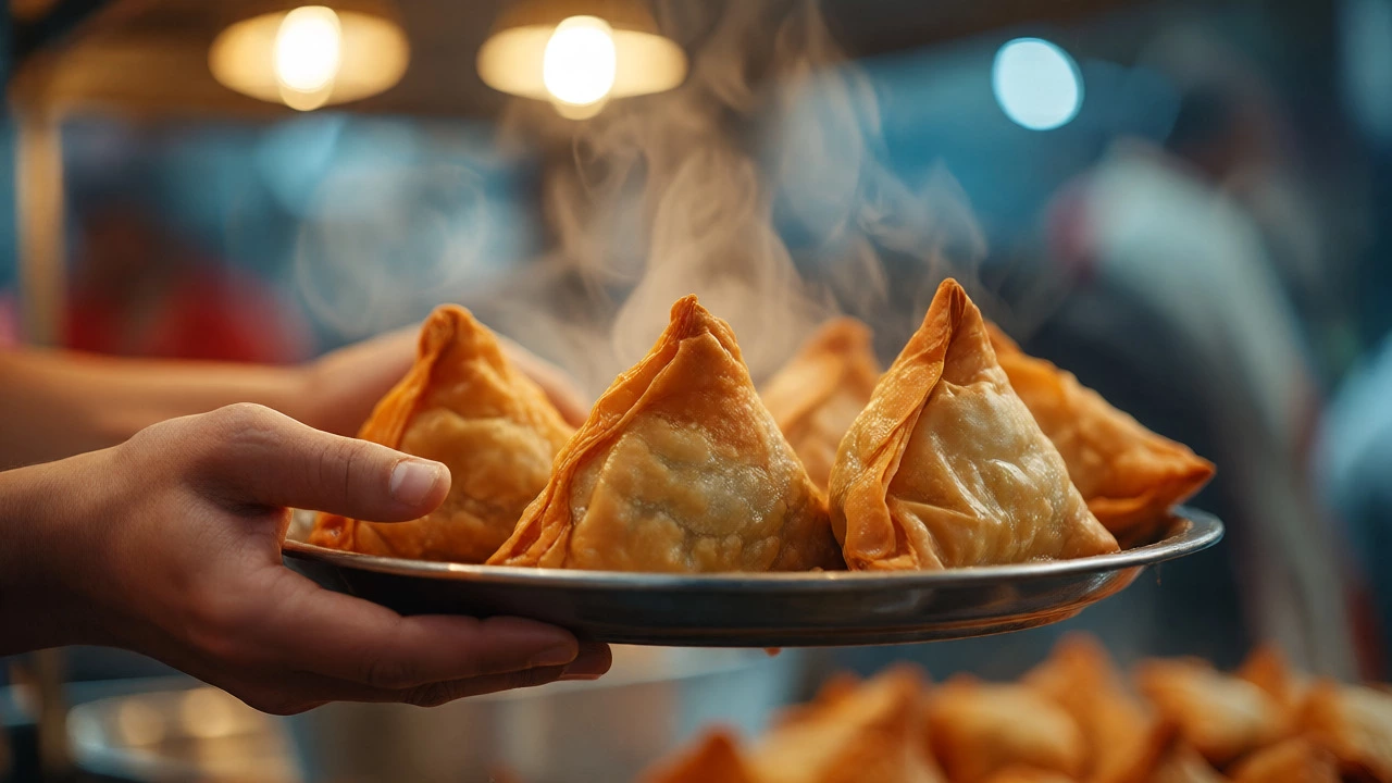 Steaming hot samosas being handed over at a street food stand.
