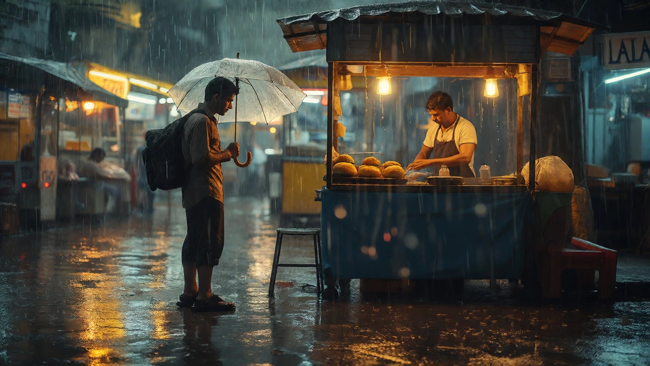 Traveler watching a street food vendor cook during monsoon rain.