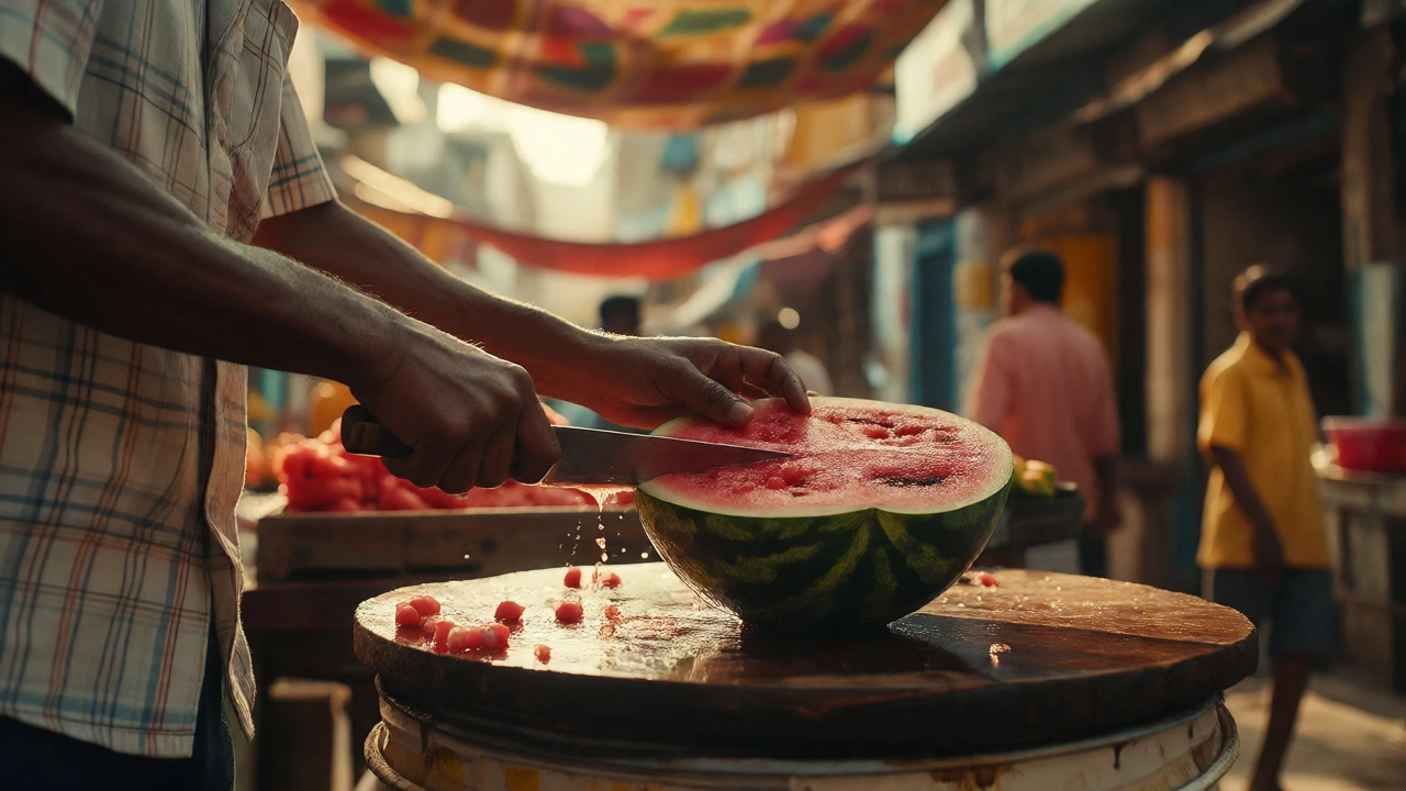Vendor slicing fresh watermelon on a board in an Indian street market.