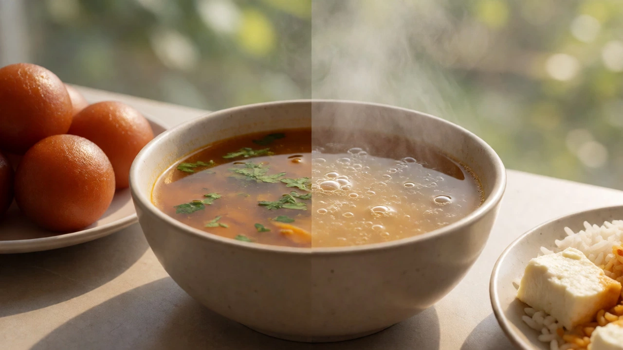 Visual comparison of fresh and spoiled Indian dishes