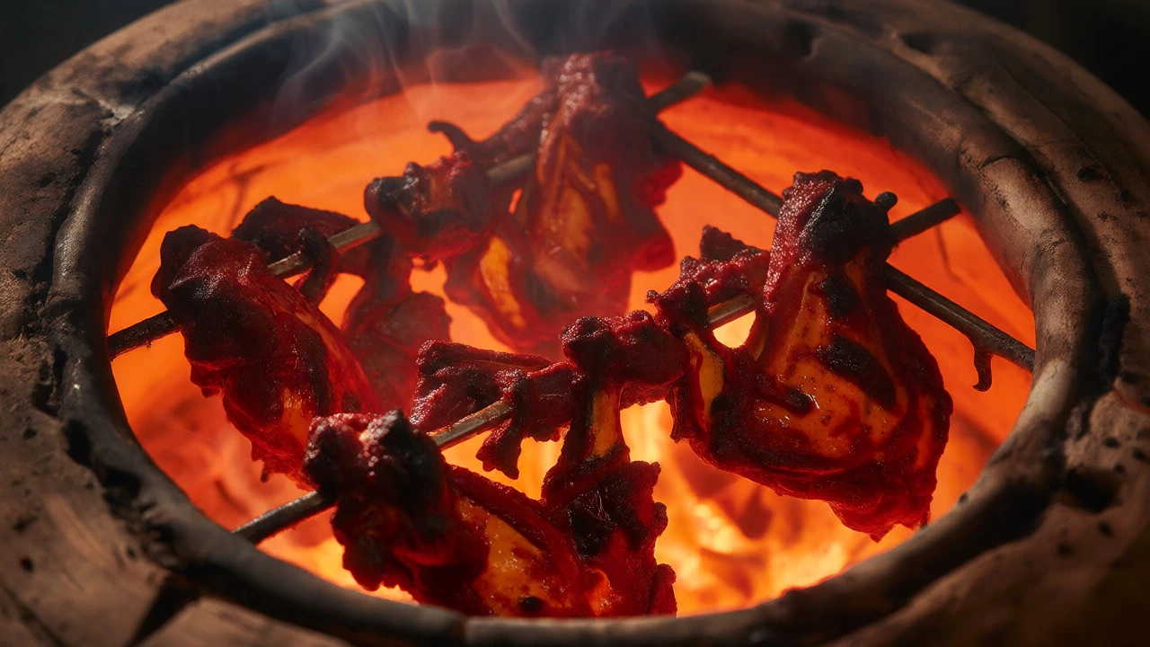 Chicken skewers roasting inside a hot clay tandoor oven with smoke rising.